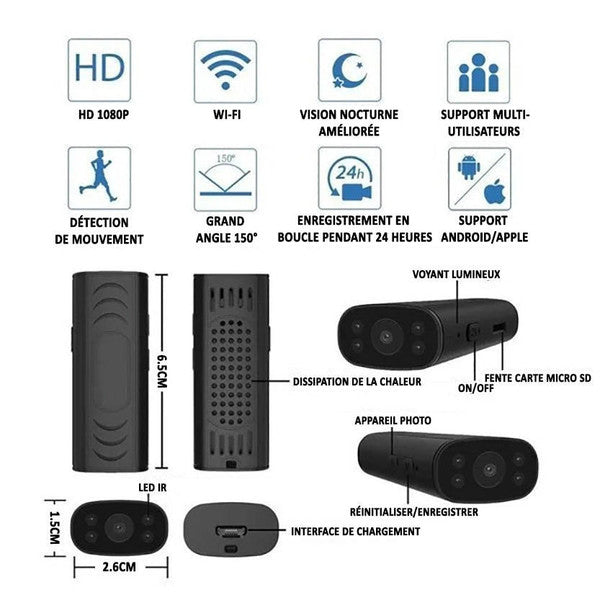 Mini WLAN-kamera med 1080p opløsning til indendørs og udendørs overvågning