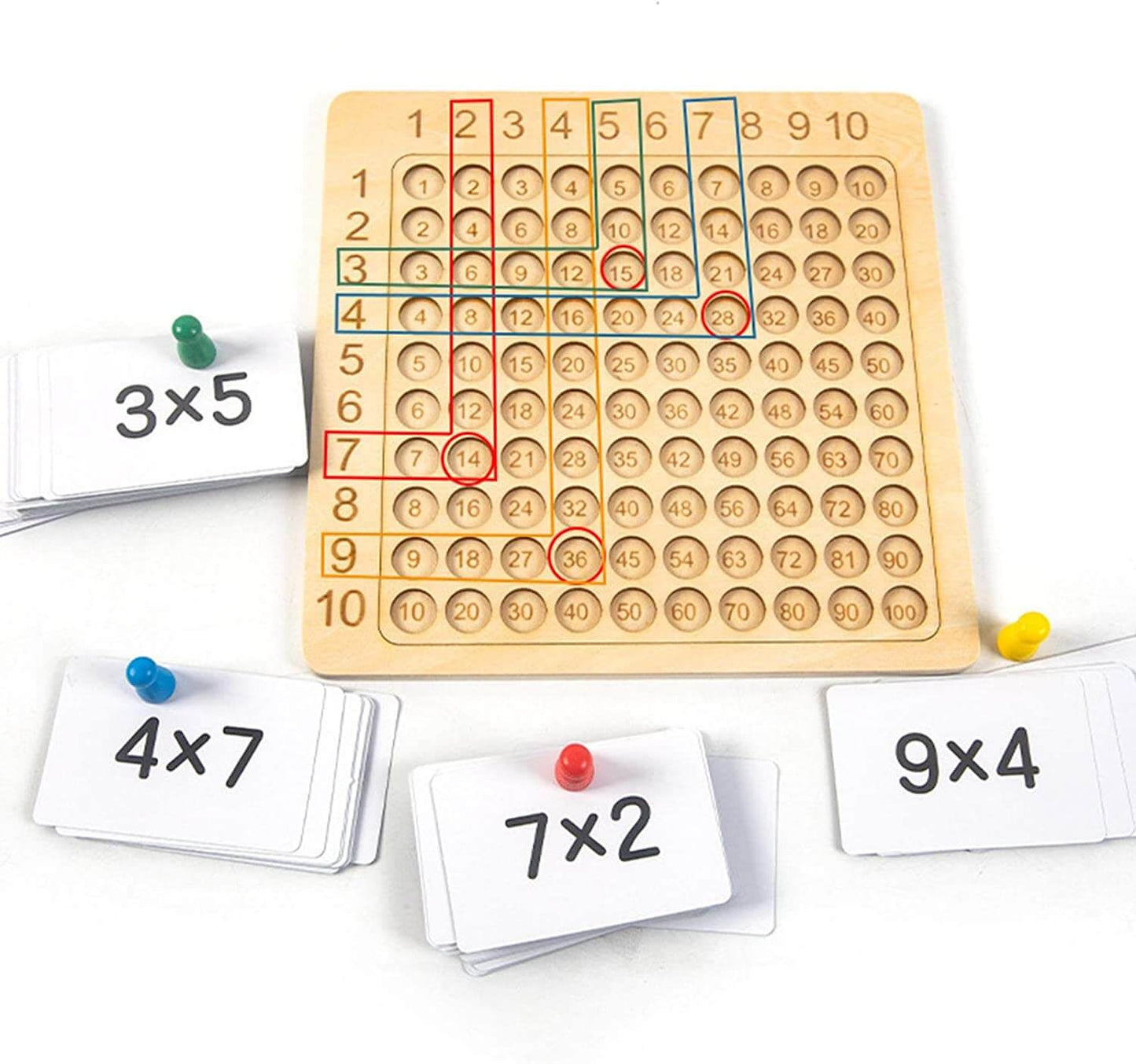 Læringsspil med træplade til multiplikation 1–10 med kort og terninger