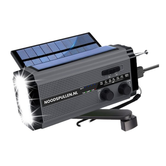 Multifunktionell nödradio med solpanel och powerbank