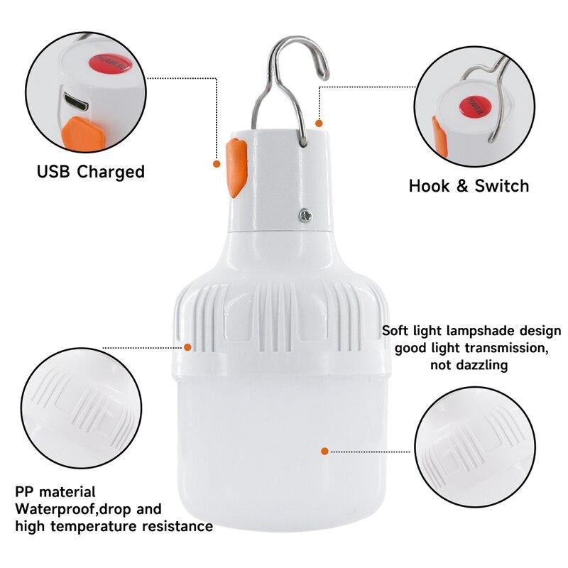 Kraftfull LED-campinglampa med uppladdningsbar USB och krok