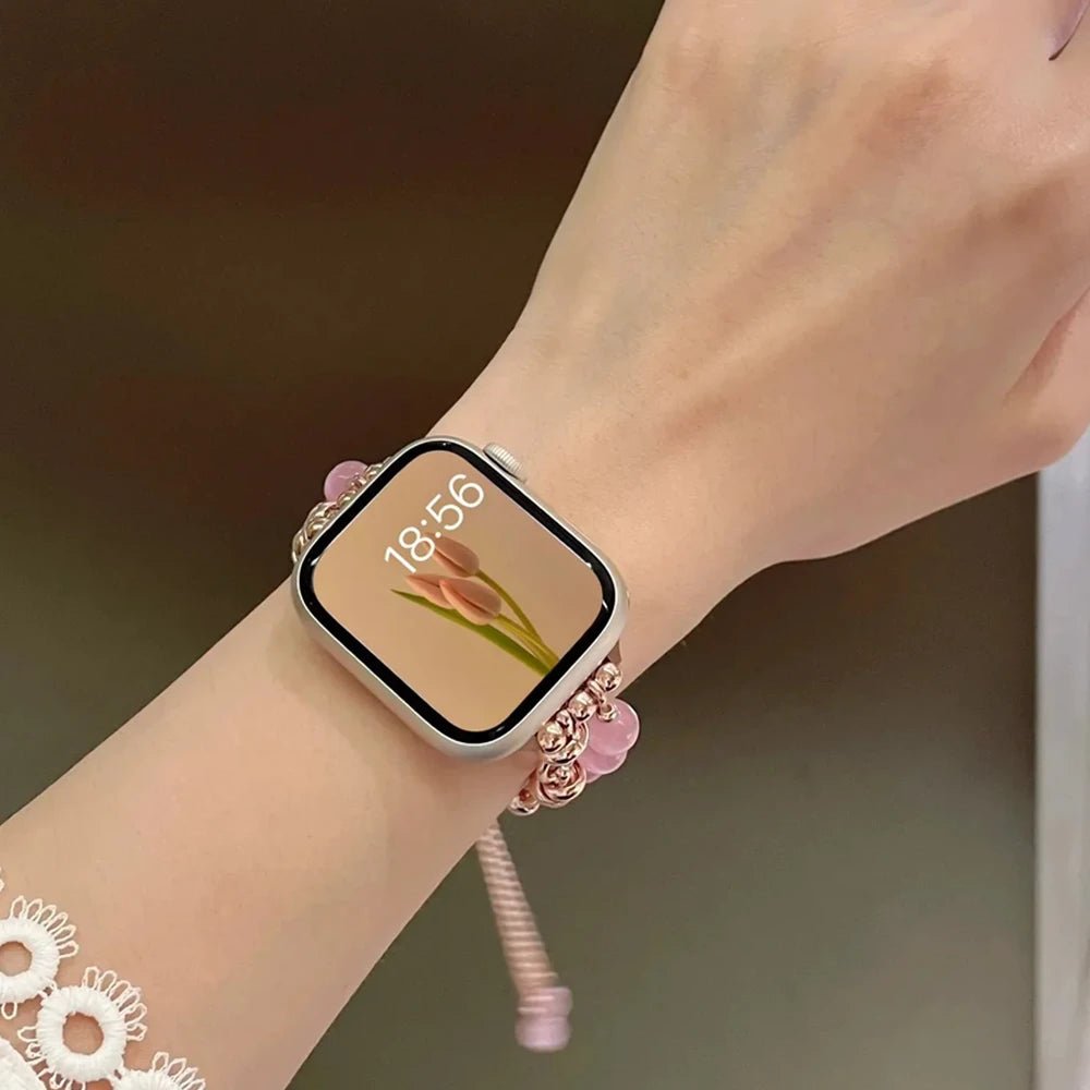 Perlearmbånd til Apple Watch | Elegant elastisk urrem med smykkedesign i stål og perle-look