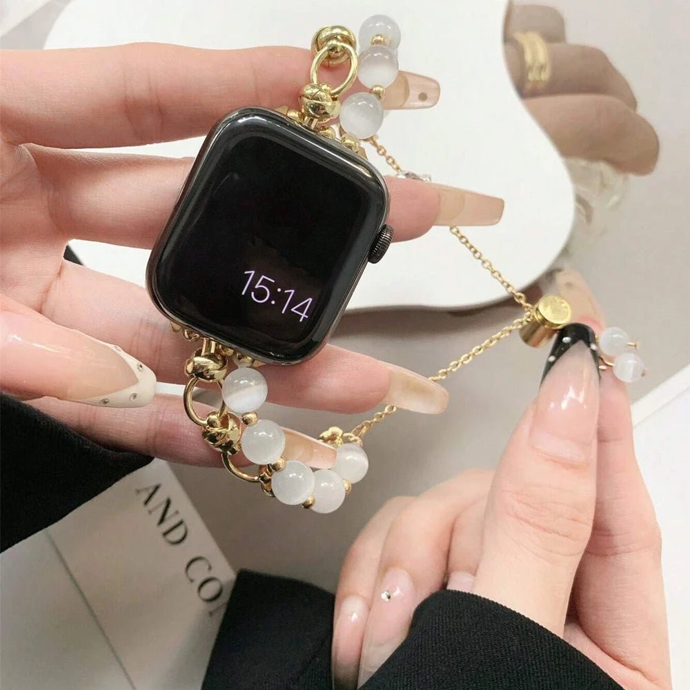 Perlearmbånd til Apple Watch | Elegant elastisk urrem med smykkedesign i stål og perle-look