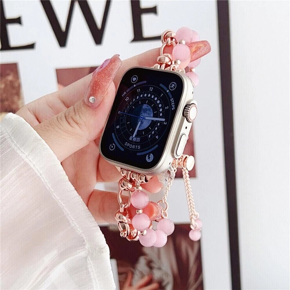 Perlearmbånd til Apple Watch | Elegant elastisk urrem med smykkedesign i stål og perle-look