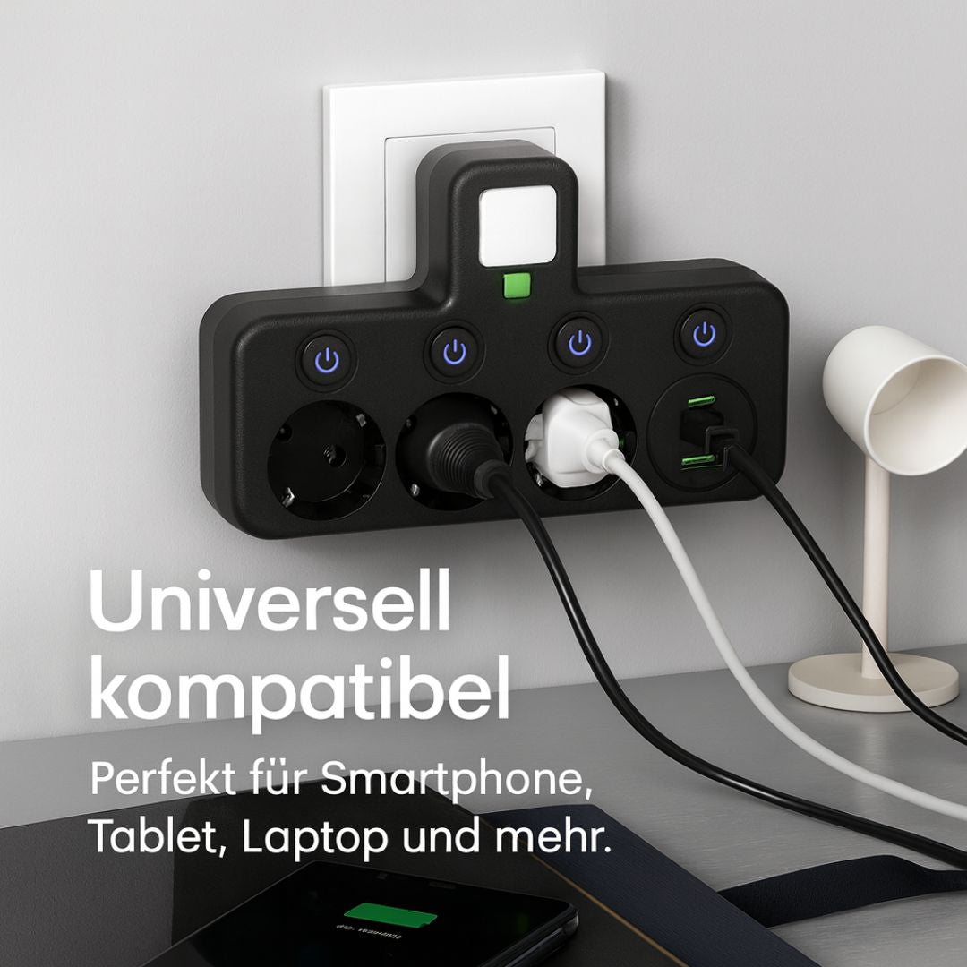 Kompakt Multistikdåse med USB & Type-C – Høj Sikkerhed