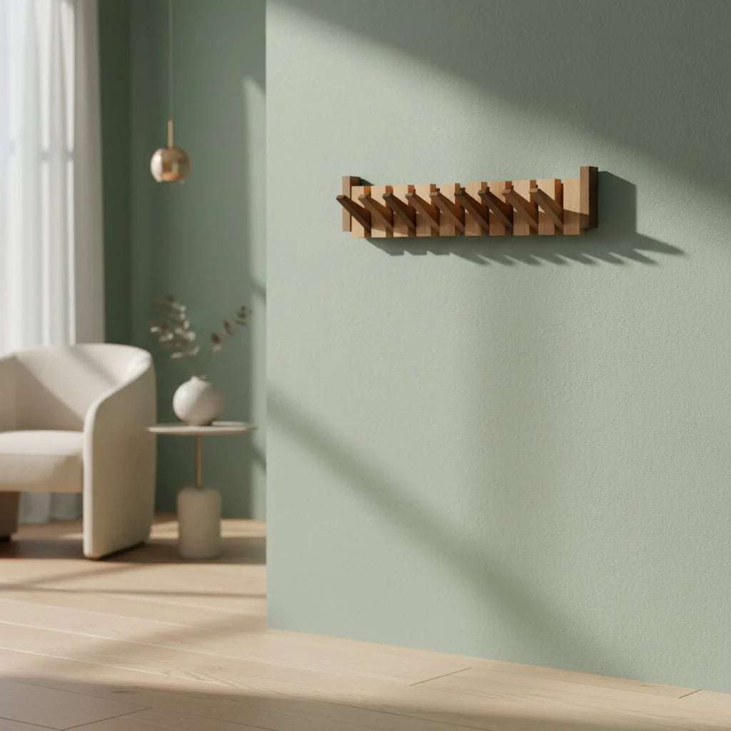 Elegant väggmonterad klädhängare i trä – Platsbesparande design