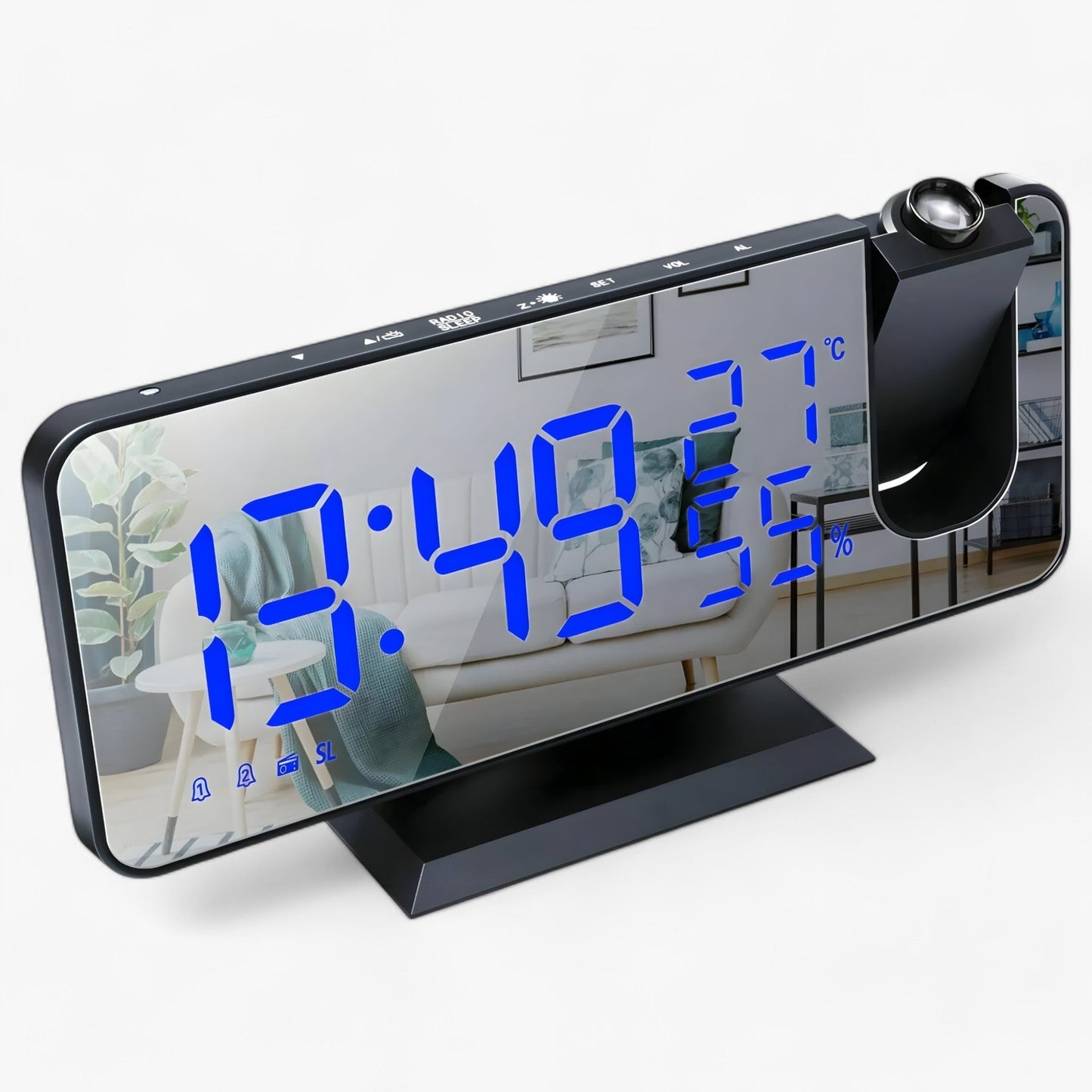 Intelligent vækkeur med FM-radio, LED-display og 180° tidsprojektion – Med USB-oplader og snooze-funktion