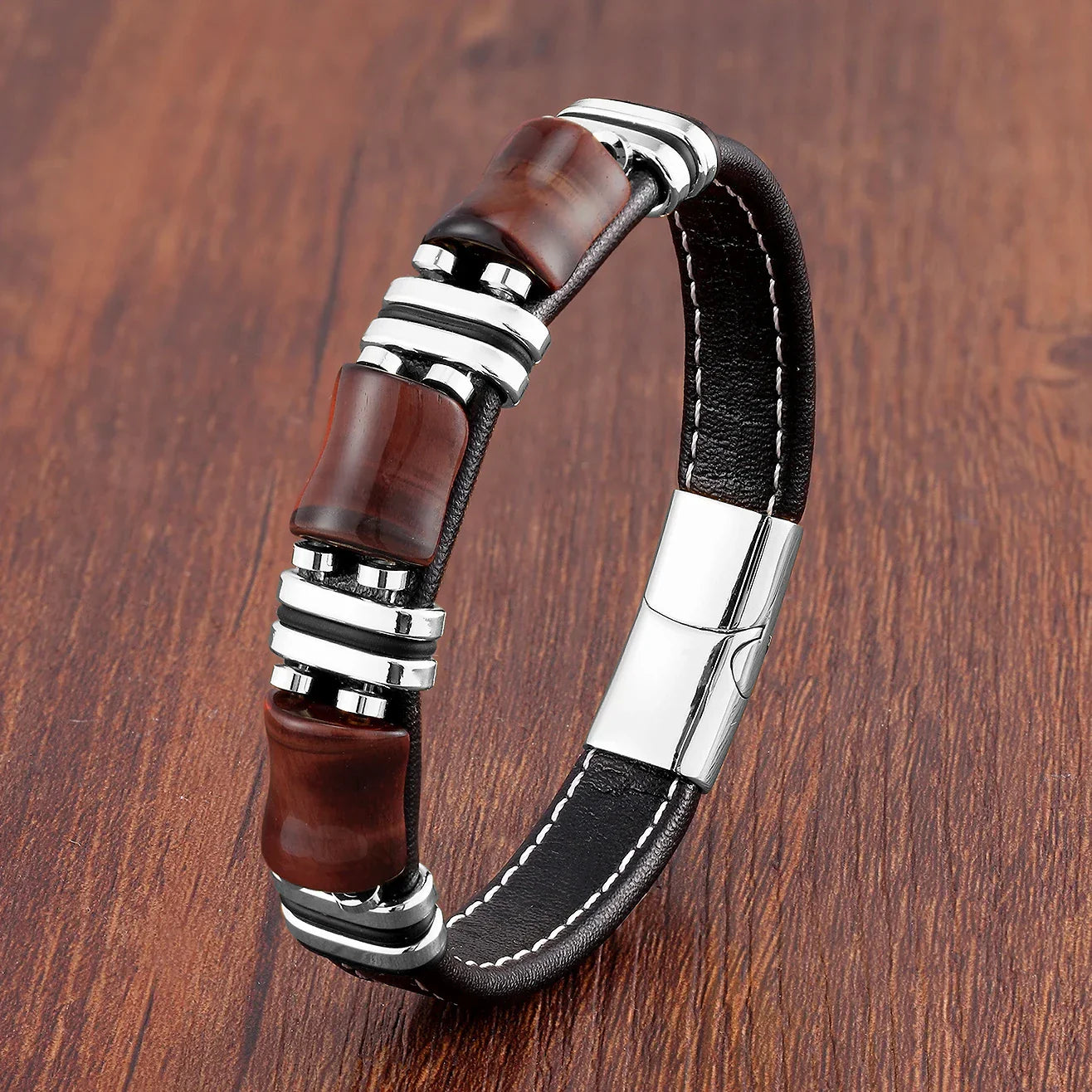 Elegant Tigeröga Armband i Läder för Män - Justerbar Komfort
