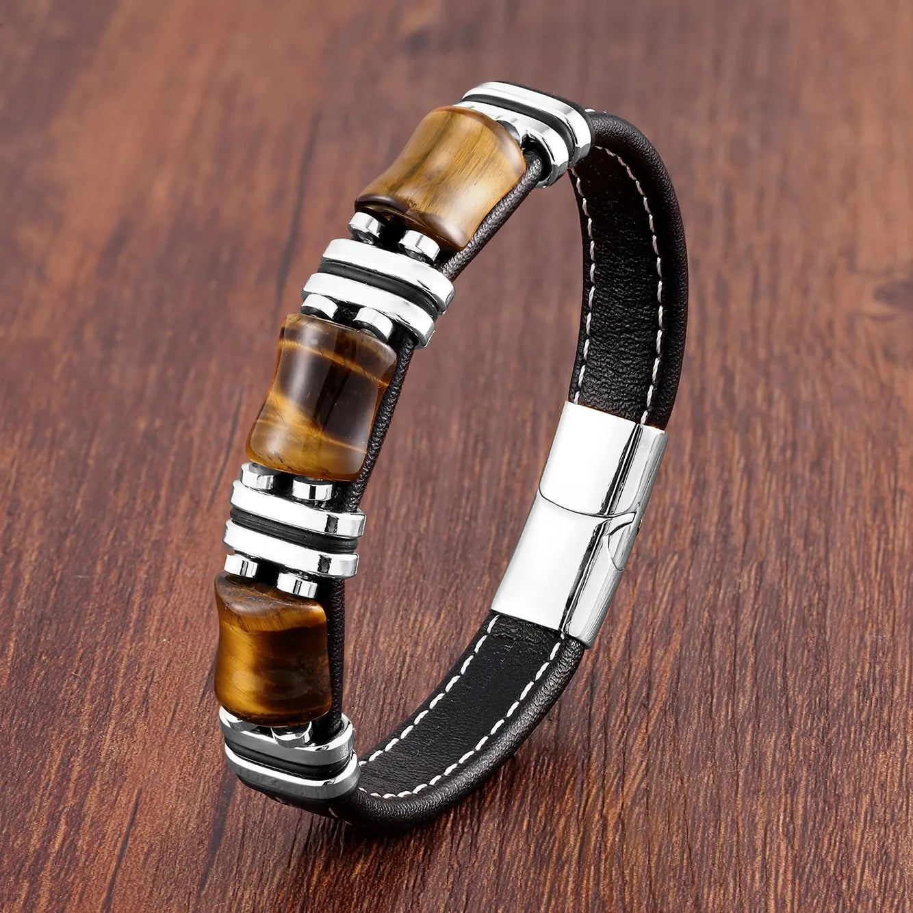 Elegant Tigeröga Armband i Läder för Män - Justerbar Komfort