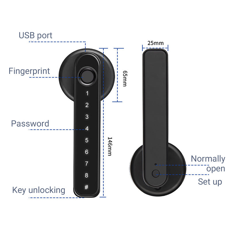 Smart dörrhandtag med fingeravtryck och Bluetooth appkontroll