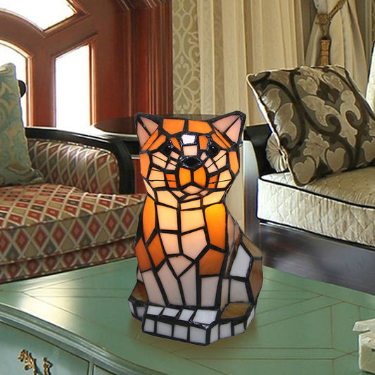 Katteformet Glasbordlampe med Farverigt Lysdesign