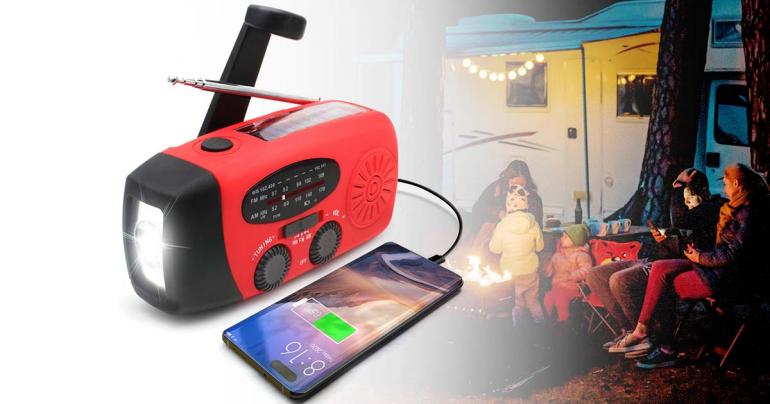 Multifunktionell nödradio med solenergi och powerbank