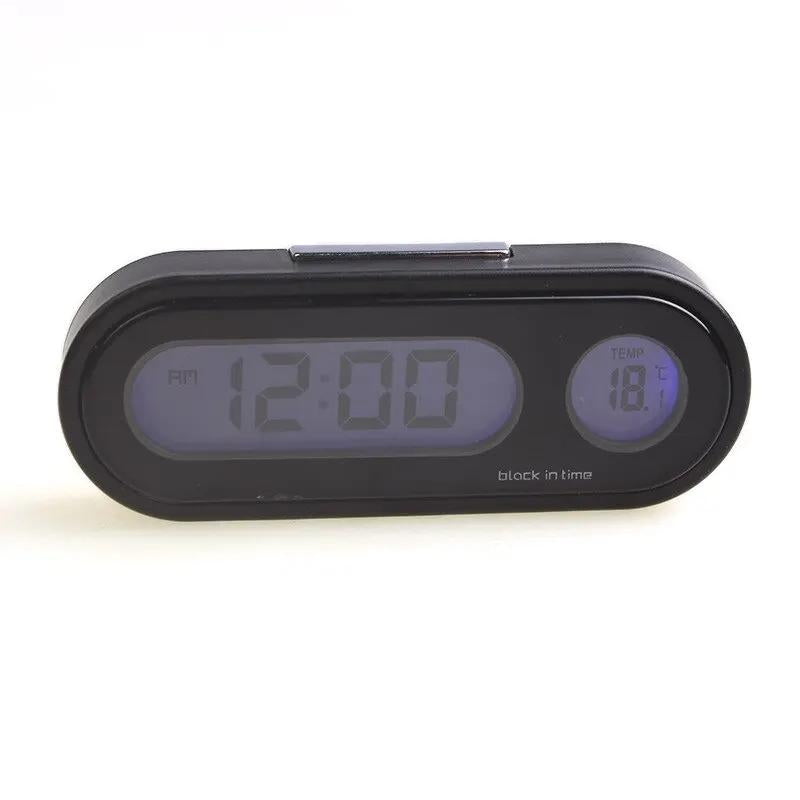 Kompakt bilklocka med LCD-display och temperaturmätare