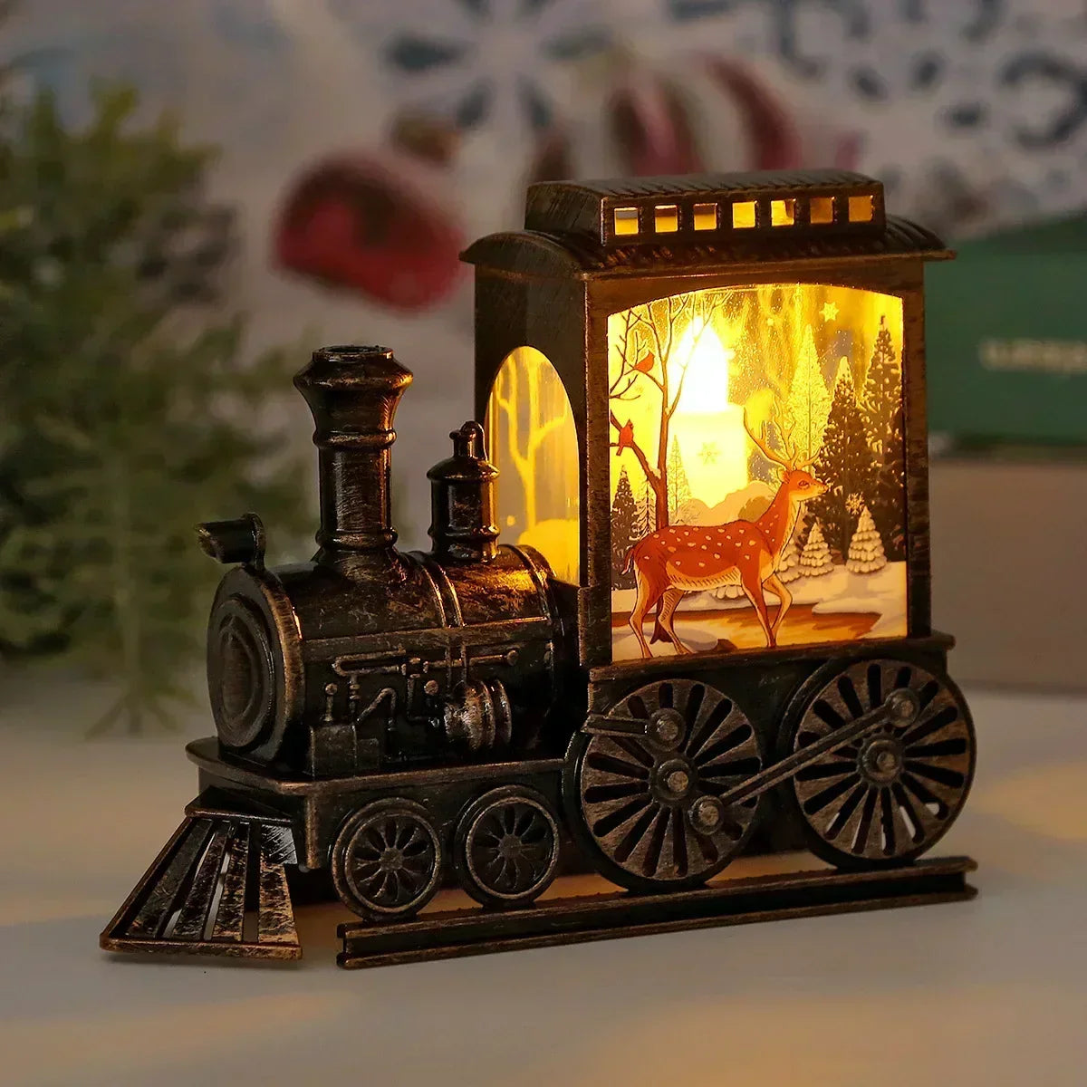 Vintage LED Lanterne med Togmotiv til Juleudsmykning