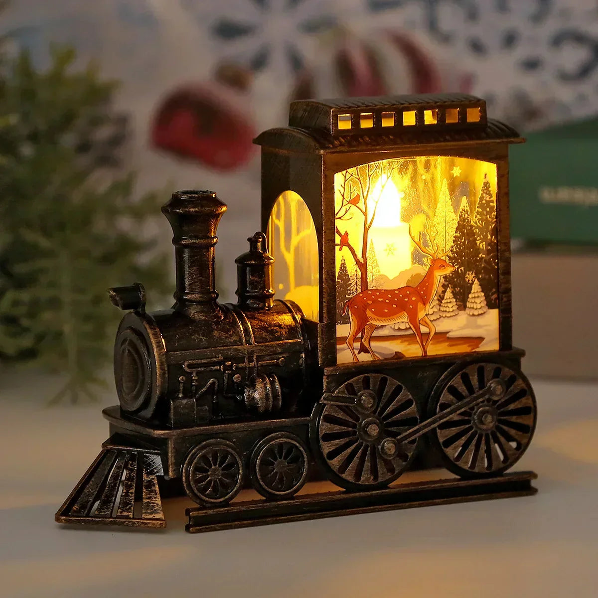Vintage LED Lanterne med Togmotiv til Juleudsmykning