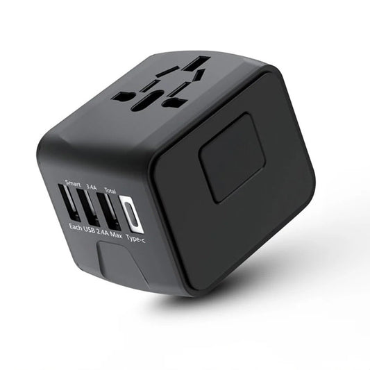 Rejseadapter med 4 hurtigopladende USB-porte til 150+ lande