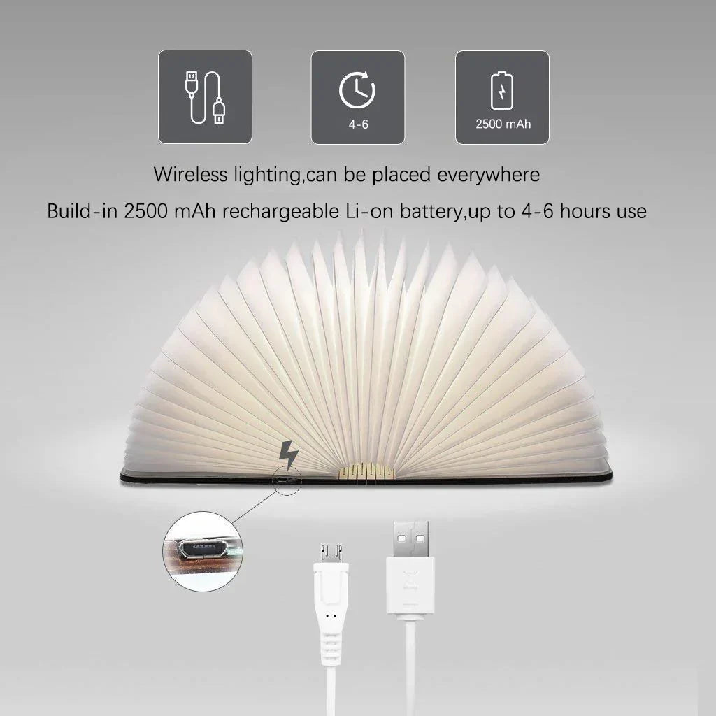 Hopfällbar LED-boklampa i trä - elegant och bärbar