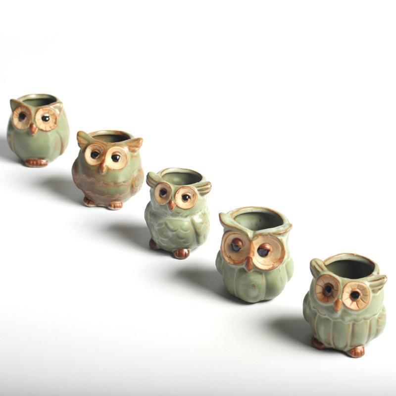 Keramisk blomkruka set med 5 uggledesign