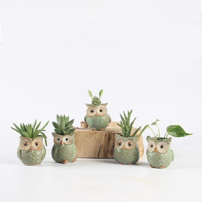 Keramisk blomkruka set med 5 uggledesign