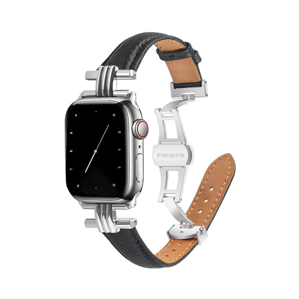Elegant læder- og rustfrit stålrem til Apple Watch til daglig brug