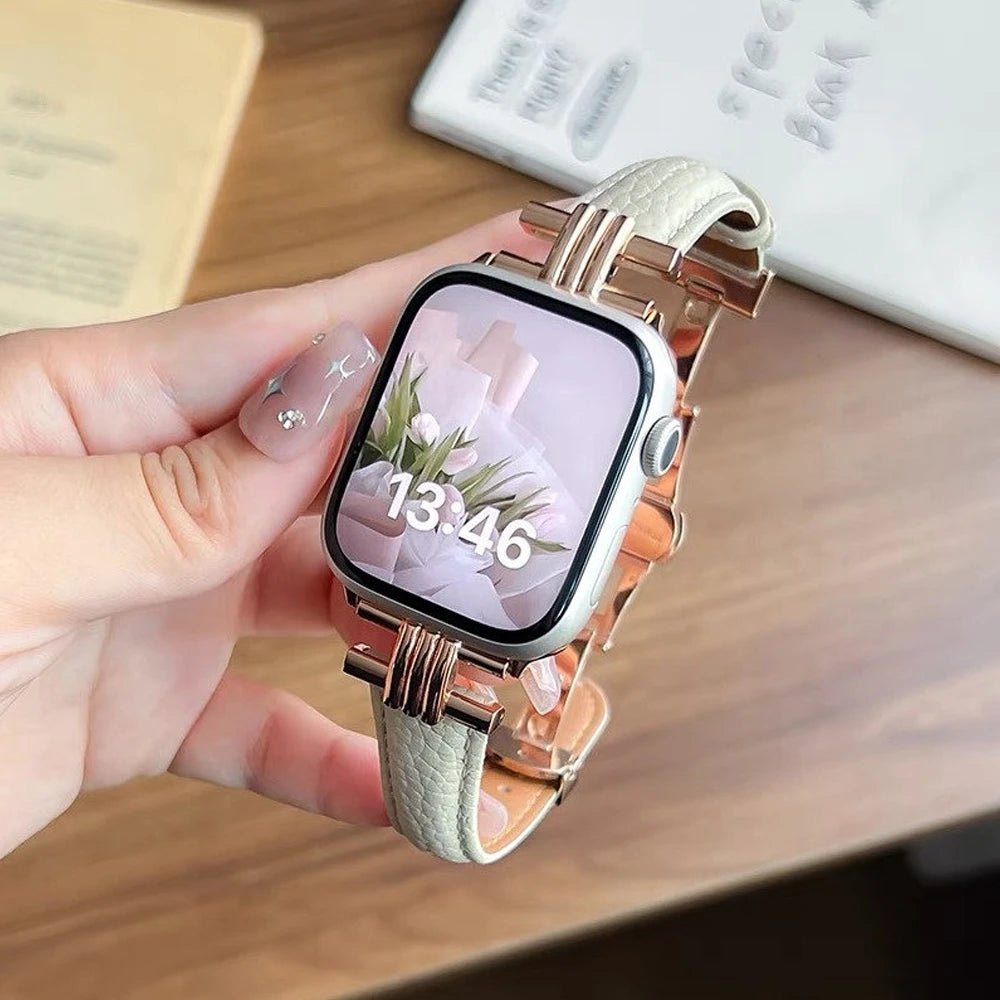 Elegant læder- og rustfrit stålrem til Apple Watch til daglig brug
