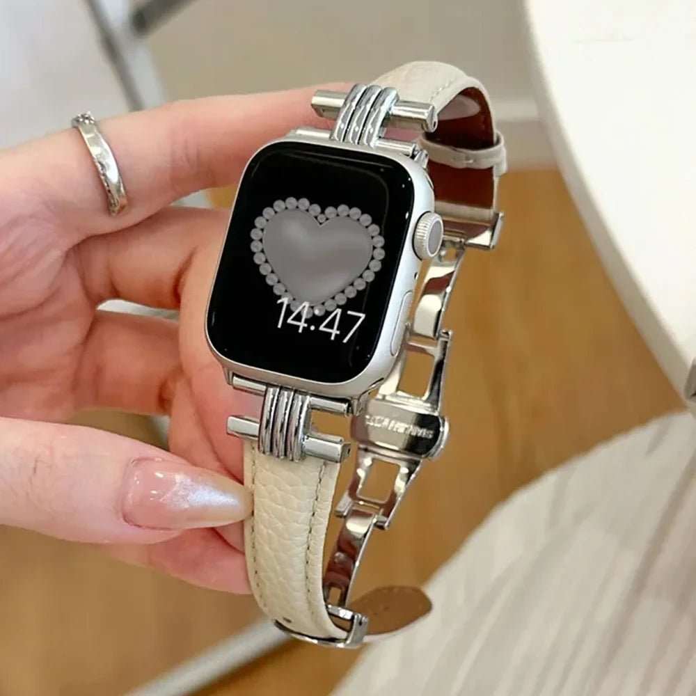 Elegant læder- og rustfrit stålrem til Apple Watch til daglig brug