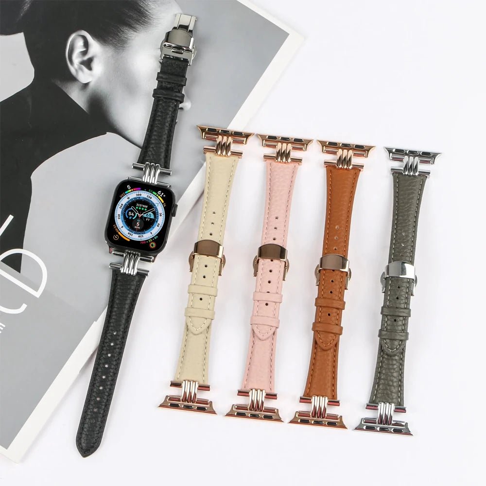 Elegant læder- og rustfrit stålrem til Apple Watch til daglig brug