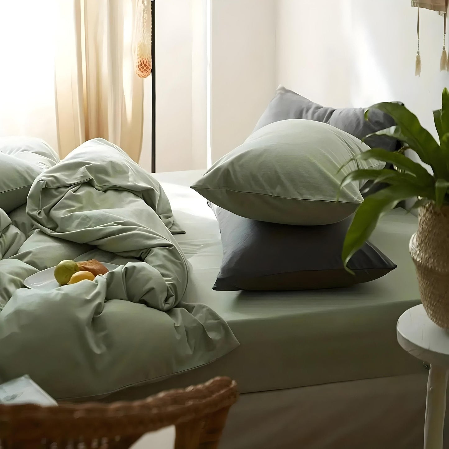 Stilrent, andningsbart bäddset i ljusgrön polyester